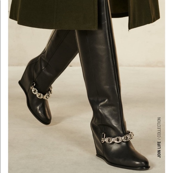 Zara Shoes - Zara Long Black Leather Wedge Silver Metal Chain Boots SZ 6